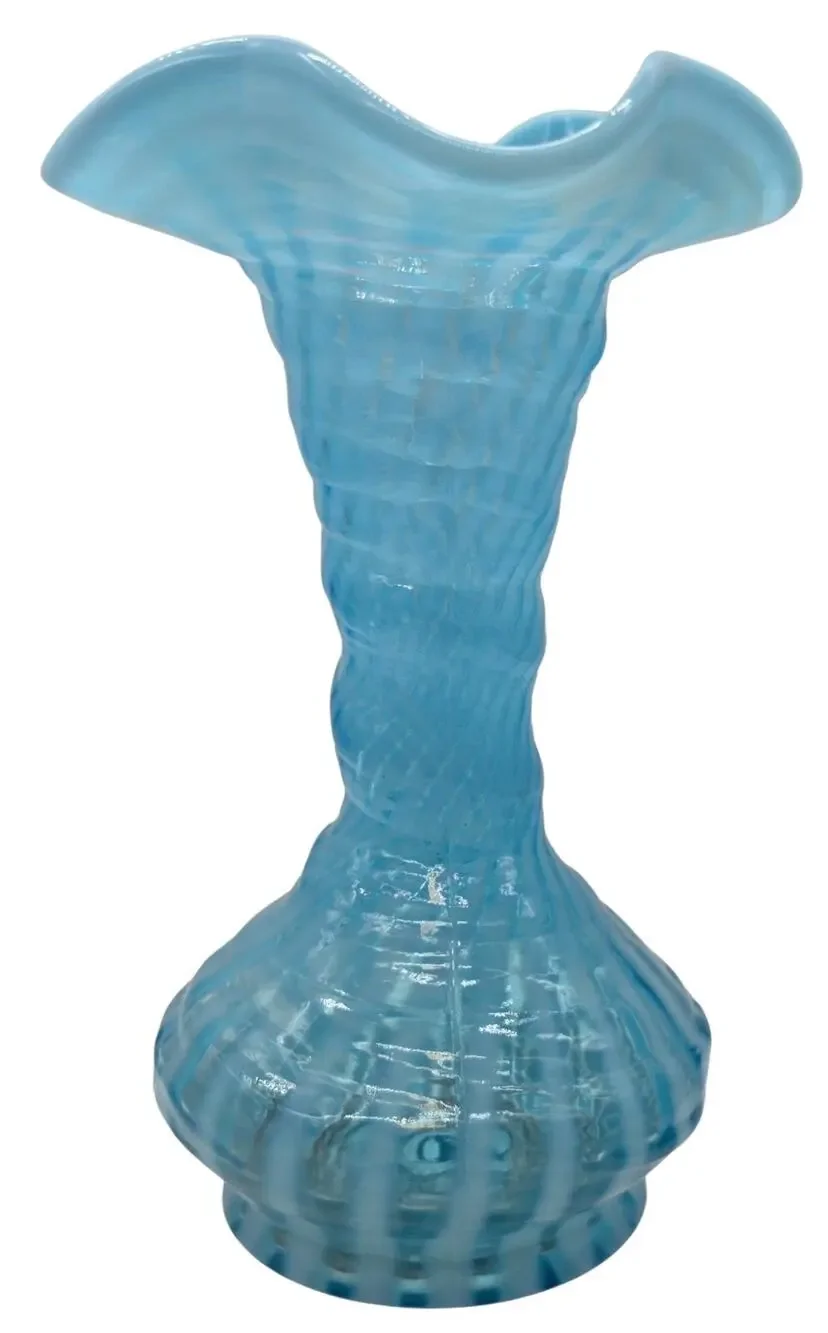 VINTAGE FENTON BLUE OPAL SWIRL OPTIC VASE 8